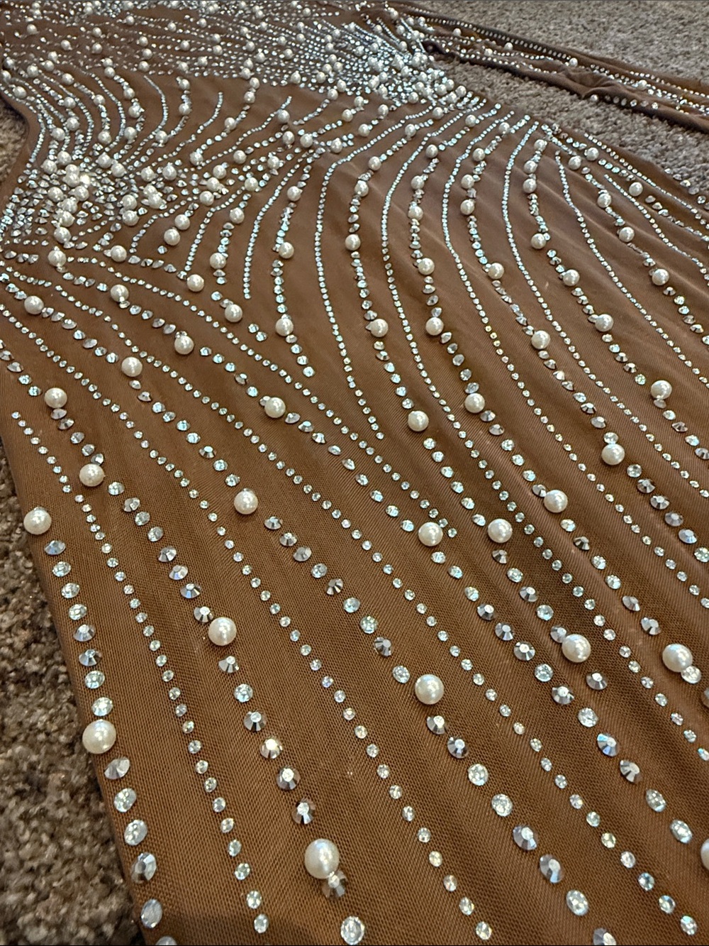Banjul Tan Long Sleeve Crystal-Embellished Evening Gown - Picture 2 of 8